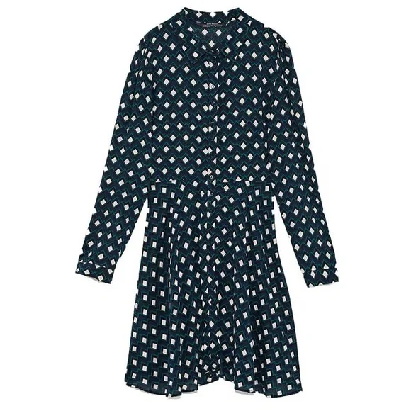 Zara Women’s Dark Blue & Green & White Geometric Print Long Sleeve Dress - Picture 3 of 10